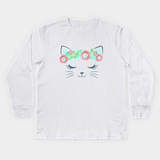 vintage Kawaii cat, kitty kat, flower crown, cute cat, cat party, cat gift, pretty kitty, cat lover, cat collection Kids Long Sleeve T-Shirt